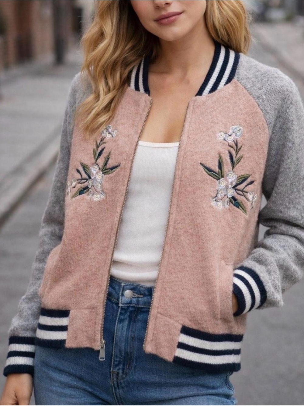 Maeve Pink & Gray Floral Embroidered Bomber Jacket